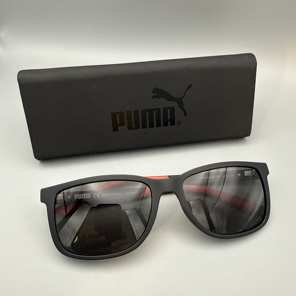 Puma Sunglasses Authentic PE0076SCOS Black/Red Polarized Gray Lens 56-18 & Case